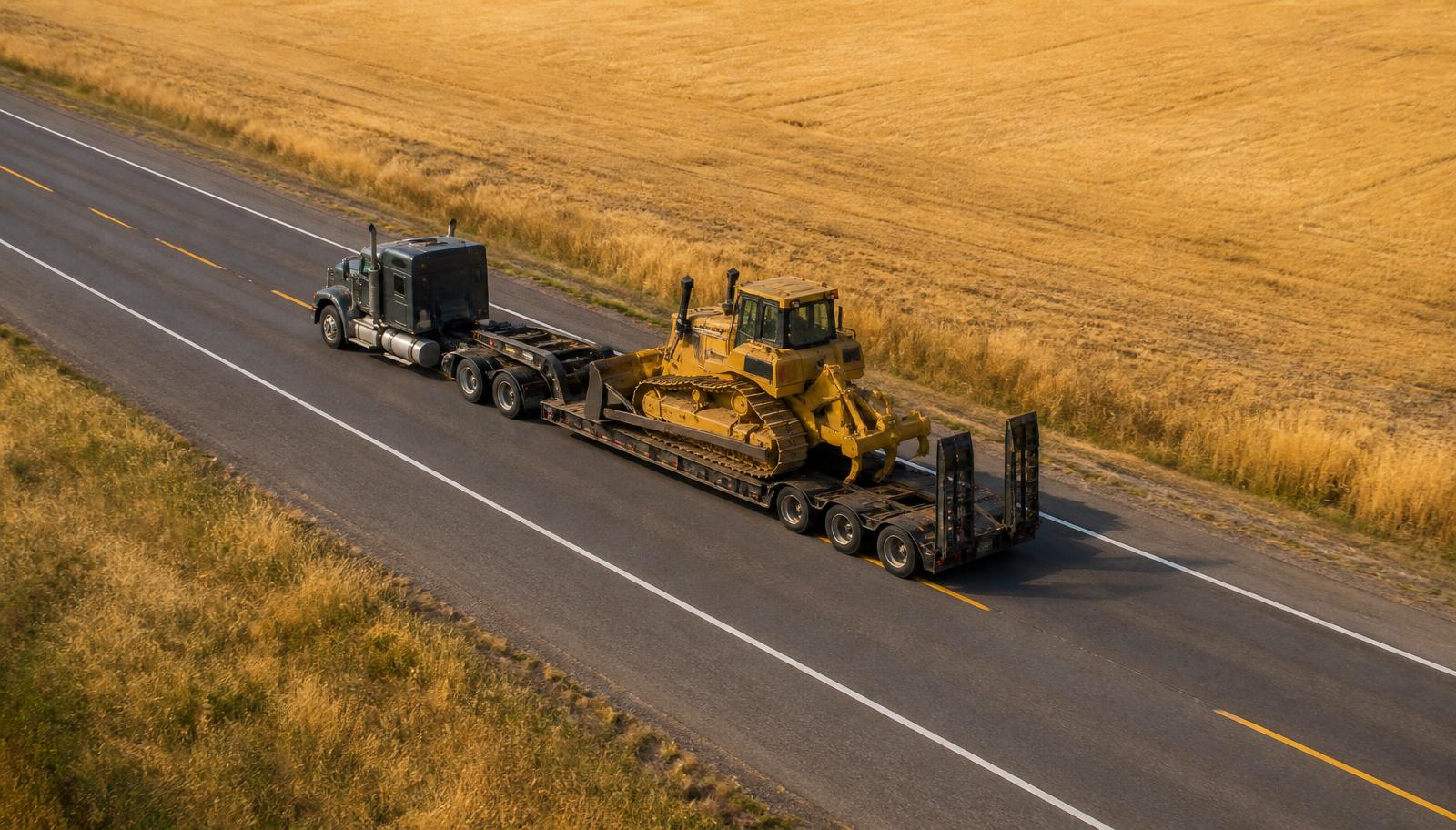 Aerial of a heavy-haul lowboy truck carrying oversized construction equipment